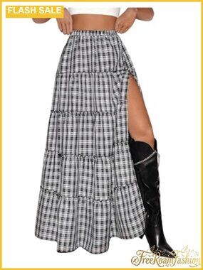 Ruffle Hem Gingham Plaid Maxi Skirt High Slit Elastic Waist